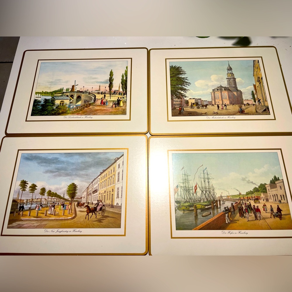 Vintage Set of Four Cork Back Enamel Placemats with original box 70s